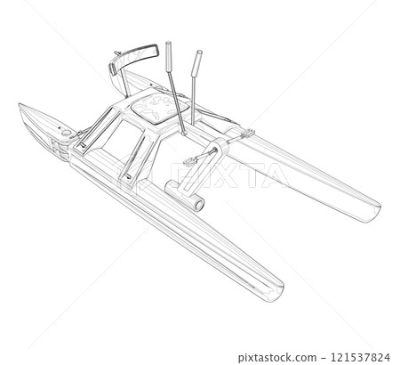 Outline of a catamoran with pedals from black lines isolated on a white background. Isometric view. 3D. Vector illustration. Outline of a catamoran with pedals from black lines isolated on a white background. Isometric view. 3D. Vector illustration. 121537824