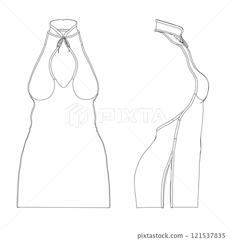 Contour of a women's short dress with an open back from black lines isolated on a white background. Side and front view. 3D. Vector illustration. Contour of a women's short dress with an open back from black lines isolated on a white background. Side and front view. 3D. Vector illustration. 121537835