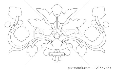 Contour decorative ornament from black lines isolated on white background. Front view. 3D. Vector illustration. 121537863