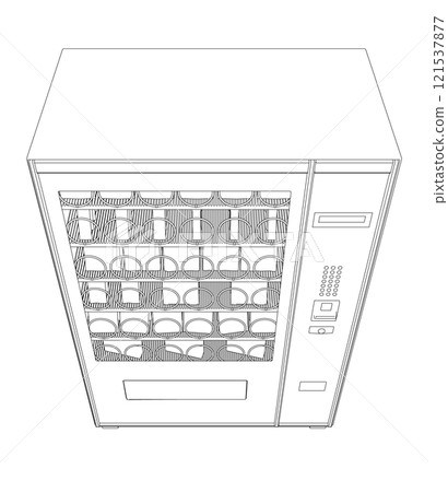 Outline of a vending snack machine from black lines isolated on a white background. Front view. 3D. Vector illustration. 121537877