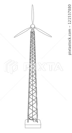 Outline of a wind tower from black lines isolated on a white background. Front view. 3D. Vector illustration. 121537880