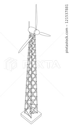 Outline of a wind tower from black lines isolated on a white background. Isometric view. 3D. Vector illustration. 121537881