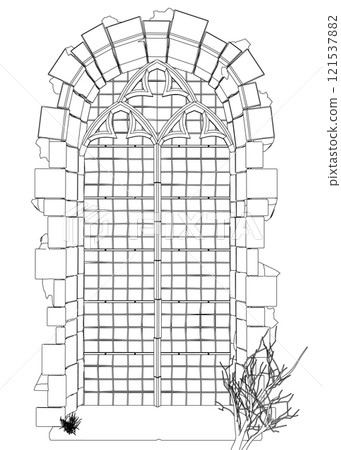 Outline of a vintage temple window from black lines isolated on a white background. Front view. 3D. Vector illustration. 121537882