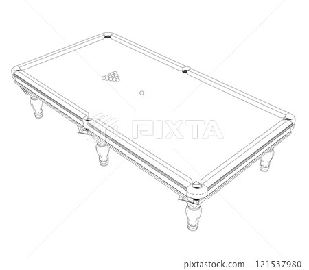 Outline of billiard table with balls from black lines isolated on white background. Isometric view. 3D. Vector illustration. Outline of billiard table with balls from black lines isolated on white background. Isometric view. 3D. Vector illustration. 121537980