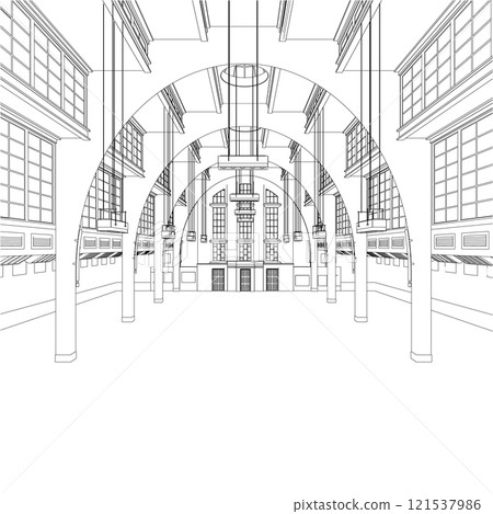 The contour of the premises of a large luxury building with decorative elements from black lines isolated on a white background. 3D. Vector illustration. 121537986