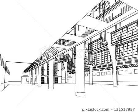 The contour of the premises of a large luxury building with decorative elements from black lines isolated on a white background. 3D. Vector illustration. 121537987