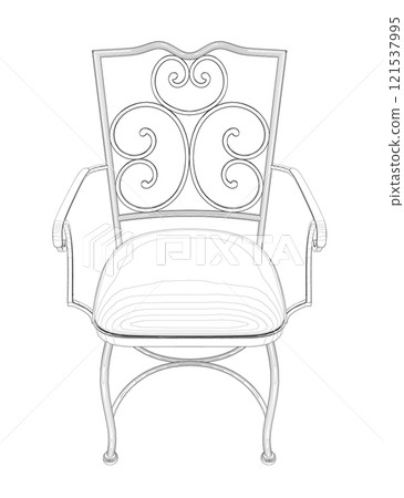 Outline of a decorative antique chair from black lines isolated on a white background. Front view. 3D. Vector illustration. 121537995