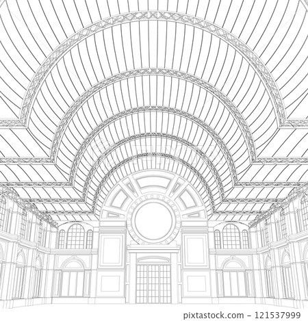 The contour of the decorative room from black lines isolated on a white background. Vector illustration. 121537999