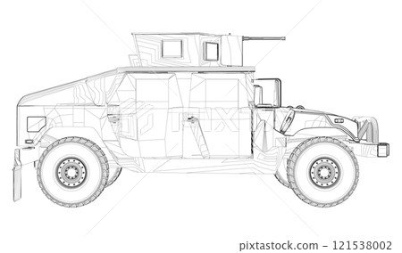 Outline of a combat jeep with weapons from black lines isolated on a white background. Side view. 3D. Vector illustration. Outline of a combat jeep with weapons from black lines isolated on a white background. Side view. 3D. Vector illustration. 121538002