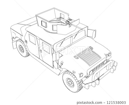 Outline of a combat jeep with weapons from black lines isolated on a white background. Isometric view. 3D. Vector illustration. 121538003