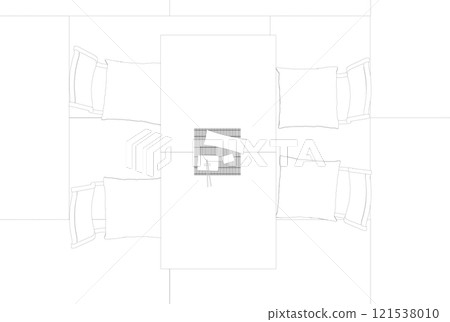 Outline of a Japanese dining room from black lines isolated on a white background. View from above. 3D. Vector illustration. 121538010