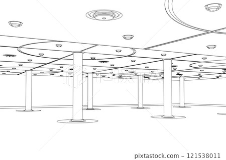 Outline of the room with columns made of black lines isolated on a white background. Outline of the garage. 3D. Vector illustration. Outline of the room with columns made of black lines isolated on a white background. Outline of the garage. 3D. Vector illustration. 121538011
