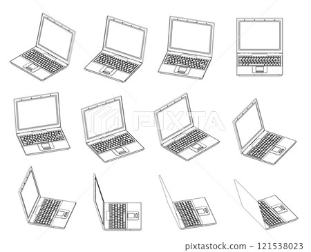 Set with contours of an open laptop turning around from black lines isolated on a white background. Isometric view. 3D. Vector illustration. 121538023