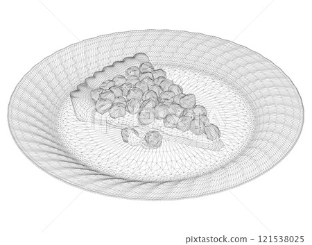 Wireframe of a piece of pie with berries on a plate made of black lines isolated on a white background. Isometric view. 3D. Vector illustration. Wireframe of a piece of pie with berries on a plate made of black lines isolated on a white background. Isometric view. 3D. Vector illustration. 121538025