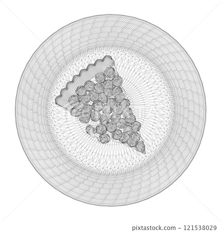 Wireframe of a piece of pie with berries on a plate made of black lines isolated on a white background. View from above. 3D. Vector illustration. 121538029
