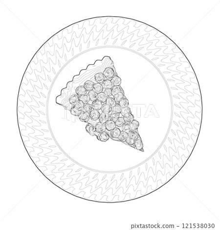 Outline of a piece of pie with berries on a plate from black lines isolated on a white background. View from above. 3D. Vector illustration. 121538030