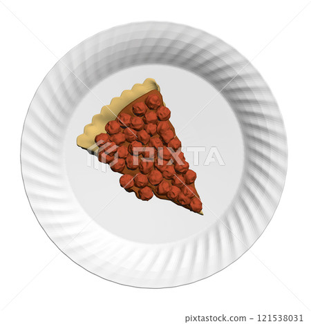 Polygonal model of a piece of cake with berries on a white plate isolated on a white background. View from above. 3D. Vector illustration. 121538031