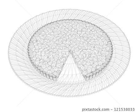 Wireframe of a pie with berries with a cut off piece on a plate from black lines isolated on a white background. Isometric view. 3D. Vector illustration. 121538033