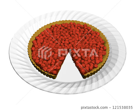 Polygonal model of a pie with berries with a cut piece on a white plate isolated on a white background. Isometric view. 3D. Vector illustration. 121538035