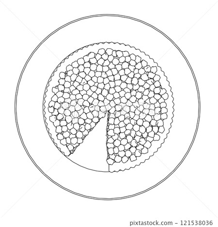 The contour of a pie with berries with a cut piece on a plate from black lines isolated on a white background. View from above. 3D. Vector illustration. The contour of a pie with berries with a cut piece on a plate from black lines isolated on a white background. View from above. 3D. Vector illustration. 121538036