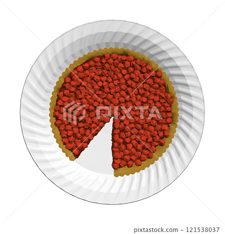 Polygonal model of a pie with berries with a cut piece on a white plate isolated on a white background. View from above. 3D. Vector illustration. 121538037