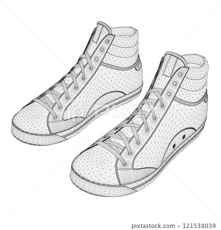 Wireframe of sports sneakers from black lines isolated on white background. Isometric view. 3D. Vector illustration. 121538039