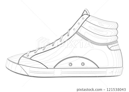 The contour of sports sneakers from black lines isolated on a white background. Side view. 3D. Vector illustration. 121538043