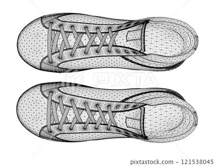 Wireframe of sports sneakers from black lines isolated on white background. View from above. 3D. Vector illustration. 121538045