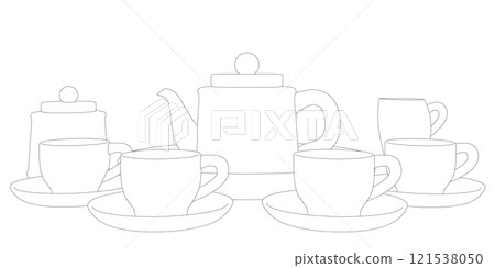 Outline of tea set with cups and teapot from black lines isolated on white background. Front view. 3D. Vector illustration. 121538050