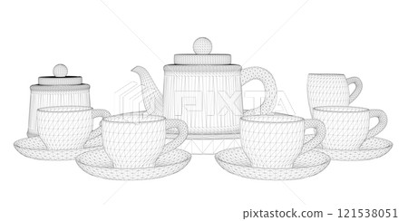 Tea set wireframe with cups and teapot from black lines isolated on white background. Front view. 3D. Vector illustration. Tea set wireframe with cups and teapot from black lines isolated on white background. Front view. 3D. Vector illustration. 121538051