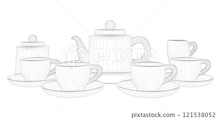 Outline of tea set with cups and teapot from black lines isolated on white background. Front view. 3D. Vector illustration. Outline of tea set with cups and teapot from black lines isolated on white background. Front view. 3D. Vector illustration. 121538052