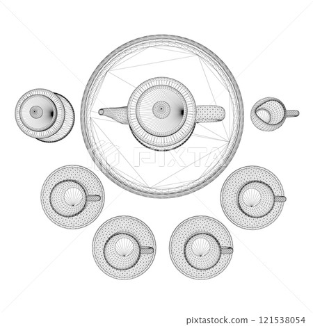 Tea set wireframe with cups and teapot from black lines isolated on white background. View from above. 3D. Vector illustration. Tea set wireframe with cups and teapot from black lines isolated on white background. View from above. 3D. Vector illustration. 121538054