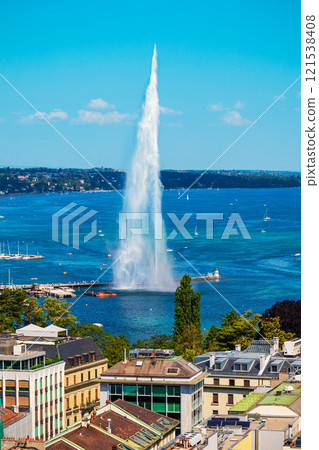 Water jet fountain in Geneva 121538408