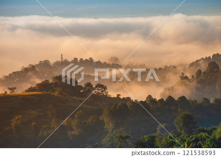 Himalaya hills in mist, sunrise landscape Himalaya hills in mist, sunrise landscape 121538593