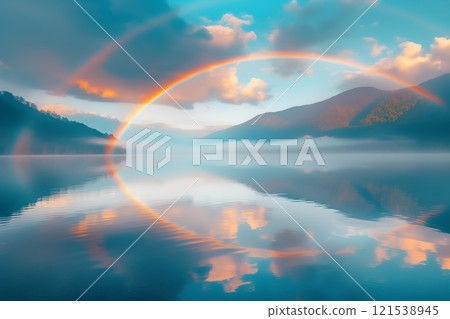 彩虹倒映在湖中 AI 生成的影像 121538945