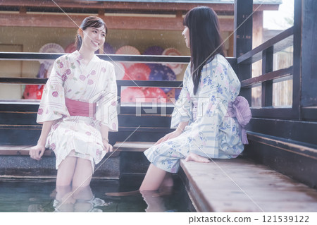 Two young women in yukata soaking their feet in a footbath [Filming cooperation: Shibata City Film Commission Council] 121539122