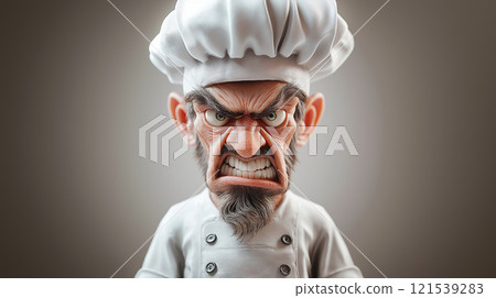 Angry pastry chef expresses frustration in bustling kitchen during morning rush 121539283