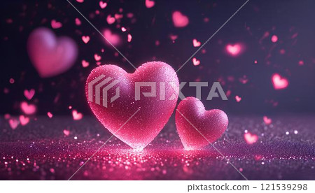 Two glittery pink hearts on a dark purple background with bokeh and neon effect, dotted with lots of glowing hearts.  121539298