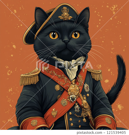A majestic black cat dressed as an emperor 121539405