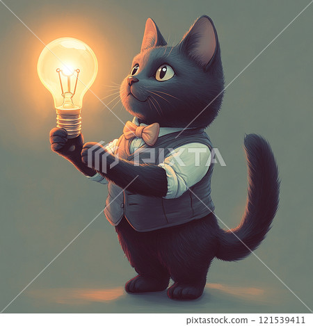 A black cat holding a light bulb symbolizing an idea 121539411