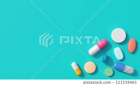 Scattered Pills on Blue Background, top view. Space for copy. 3D Rendering 121539463