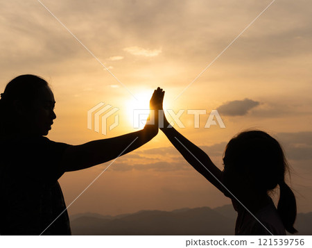 Happy mother and daughter walking on green grass in spring meadow. Mother and daughter holding hands in a park at sunset. Happy mother and daughter walking on green grass in spring meadow. Mother and daughter holding hands in a park at sunset. 121539756