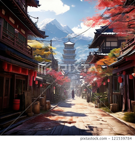 an AI Image Generator, Japanese Village with Autumn Leaves and Mountain 121539784