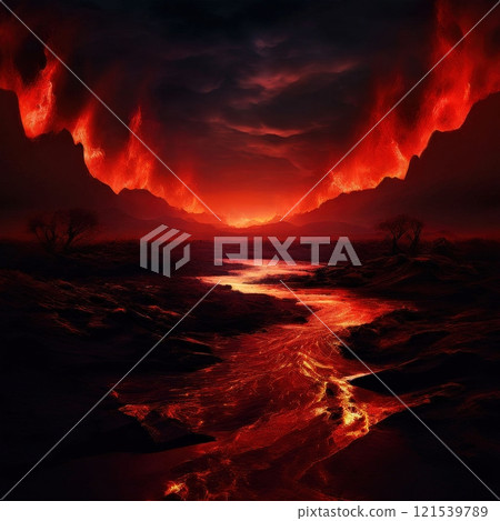 the AI Image Generator, Lava River Flowing Through Volcanic Landscape at Night 121539789