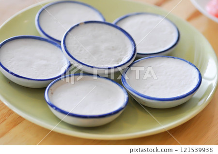 custard or coconut milk custard in small porcelain cup or Thai sweet custard or coconut milk custard in small porcelain cup or Thai sweet 121539938