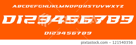 Dynamic futuristic typography, speed race futuristic numbers and letters, bold italic creative font for extreme sports branding, jersey numbers, automotive headline, team merchandise. Vector typeset 121540356