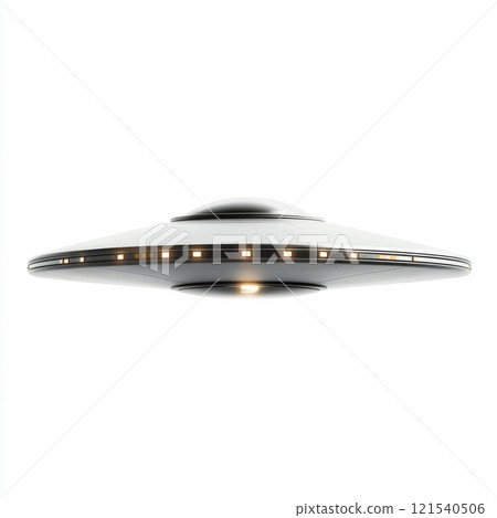 UFO hovering with illuminated lights on white background 121540506