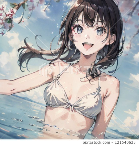 Woman in a large white bikini under a blue sky 121540623