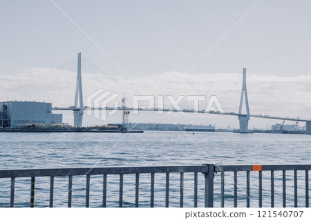 Tsurumi Tsubasa Bridge as seen from the platform at Umi-Shibaura Station in Yokohama Tsurumi Tsubasa Bridge as seen from the platform at Umi-Shibaura Station in Yokohama 121540707