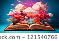Open book and red colored folded paper cranes and green background 121540766